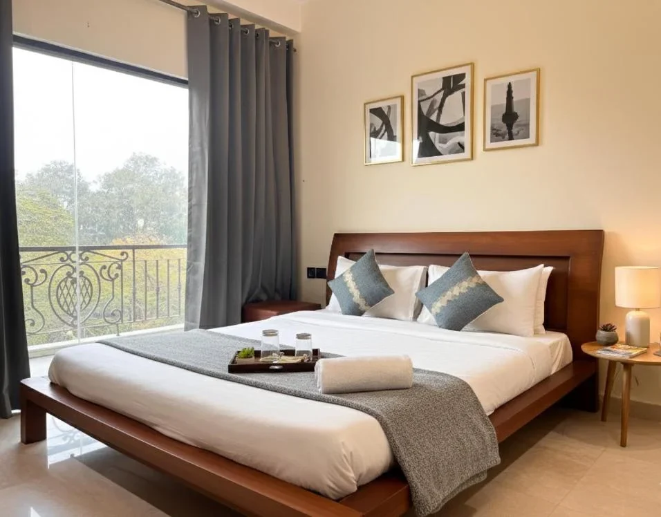 Comfortable bedroom in a 3 BHK apartment in Saket