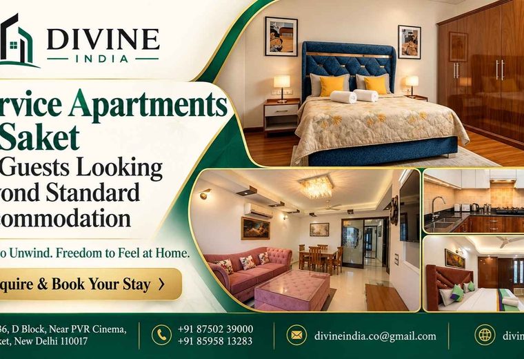 Divine India banner showing furnished bedroom, living room and kitchen of service apartments in Saket, Delhi