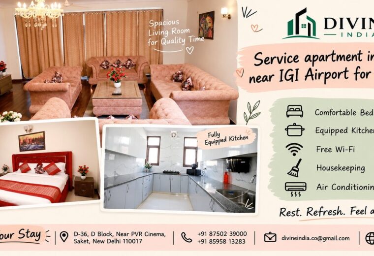Divine India service apartment in Delhi featuring a furnished living room, bedroom and kitchen, with amenities and Saket contact details.