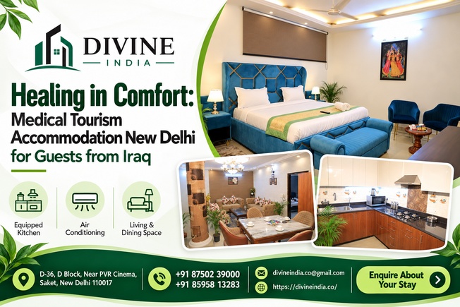 Furnished living area in a Divine India serviced apartment in Saket, New Delhi, for medical tourism guests